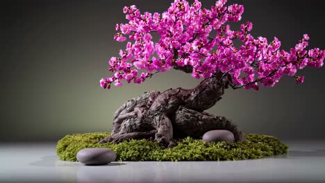 studio shot featuring a bonsai tree adorned with vibrant pink flowers, highlighting intricate trunk and branch details, resting on moss and smooth stones against a neutral backdrop
