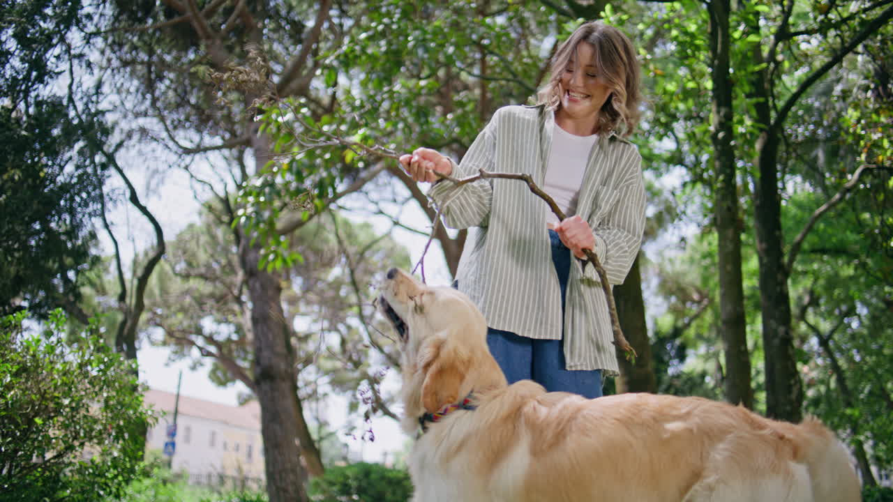 Laughing girl playing pet in green sunny park. Happy woman have fun retriever