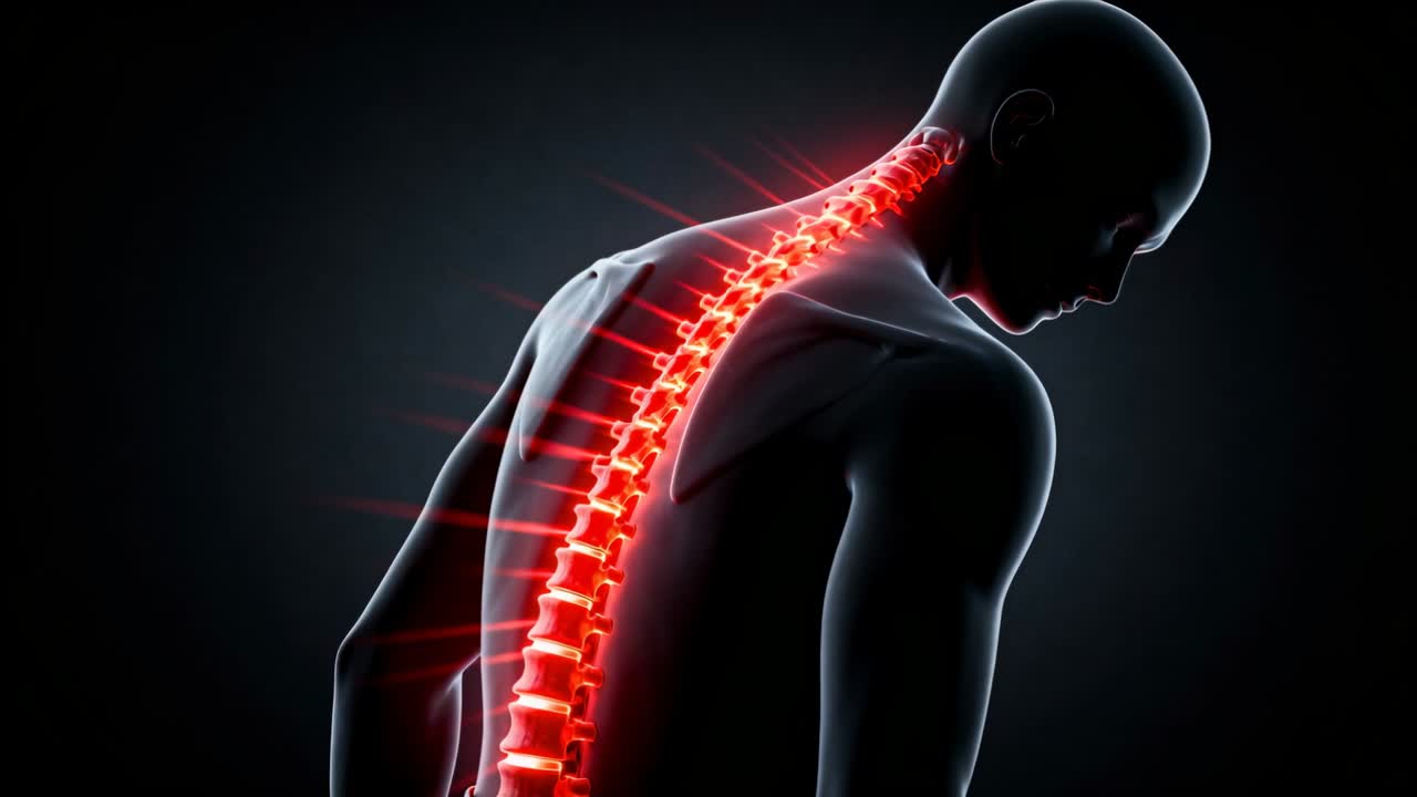Pulsing spinal glow causing torso shifting forward and tilting head at studio showing red lines