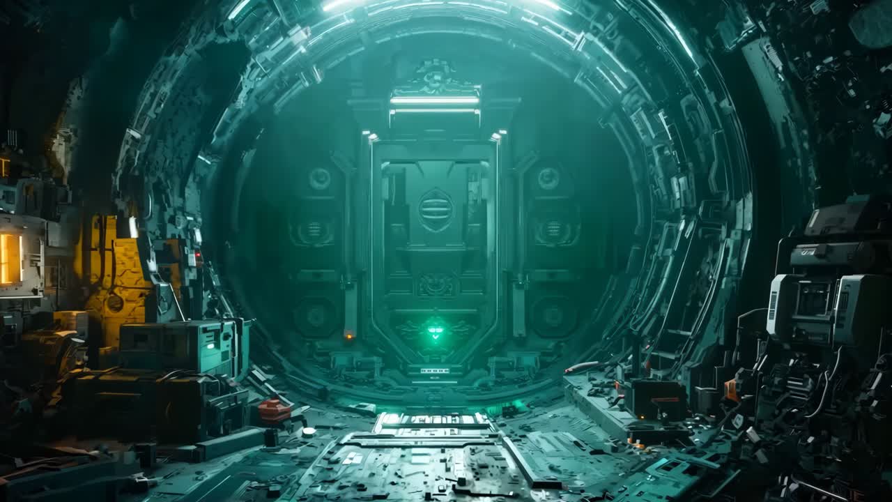 바닥에 잔해가 많은 미래의 우주 정거장