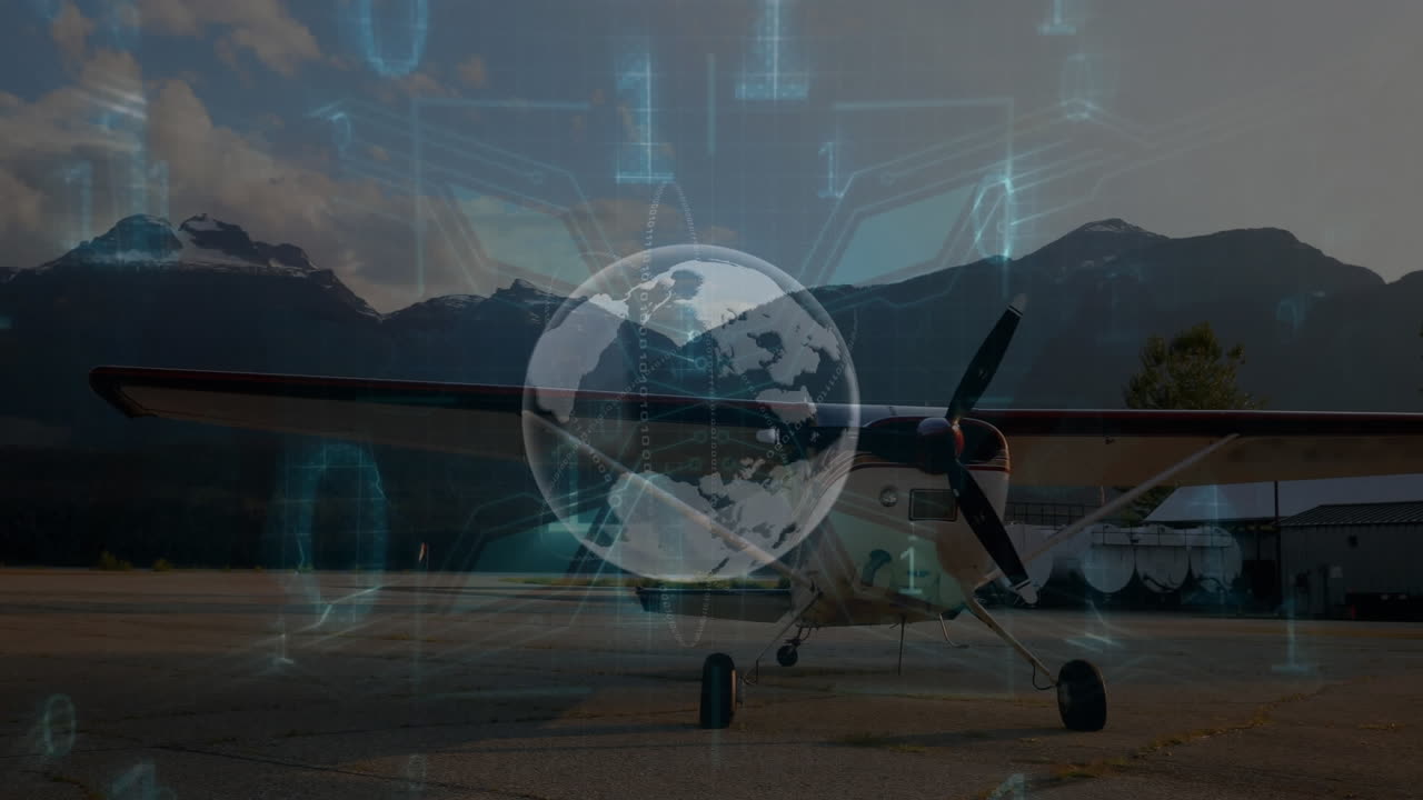 анимация вращающегося глобуса и двоичного кодирования против самолета, припаркованного в аэропорту.