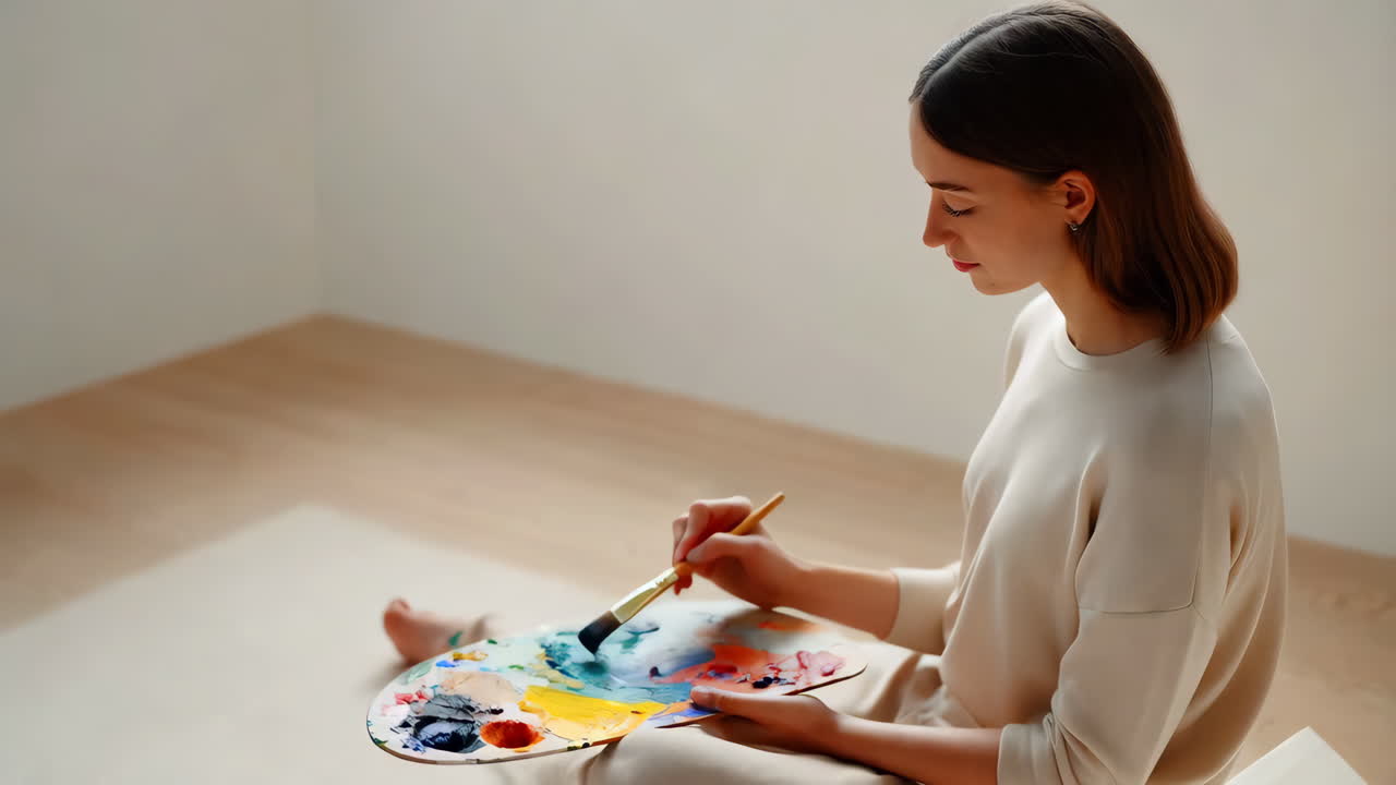 Woman Painting with a Palette and Brush on the Floor