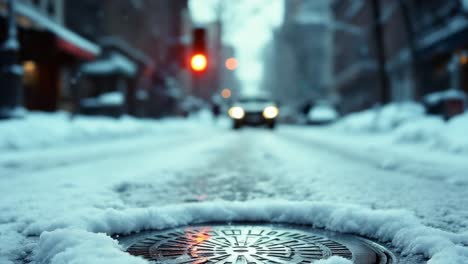 fresh snow accumulating on a manhole cover on a blurred winter city street with traffic lights and cars