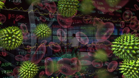 animación de células verdes de covid-19, estructura de adn y vasos sanguíneos sobre el procesamiento de datos del mercado de valores.