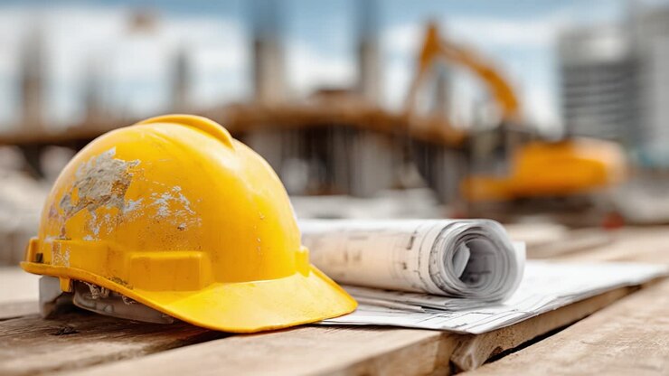 A close-up view of a yellow hard hat and rolled blueprints on a construction site, symbolizing the dedication and planning involved in building projects