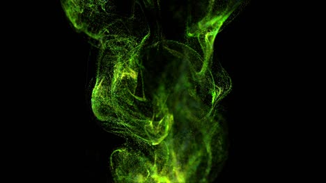 corriente de partículas luminosas verdes bajo el agua en fondo negro corre en un campo esférico, lugar para su texto, logotipo. canal alfa como luma mate. efecto de tinta de advección.