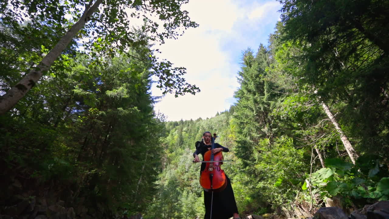 Beautiful girl plays the cello. Beautiful woman professional musician with cello outdoors