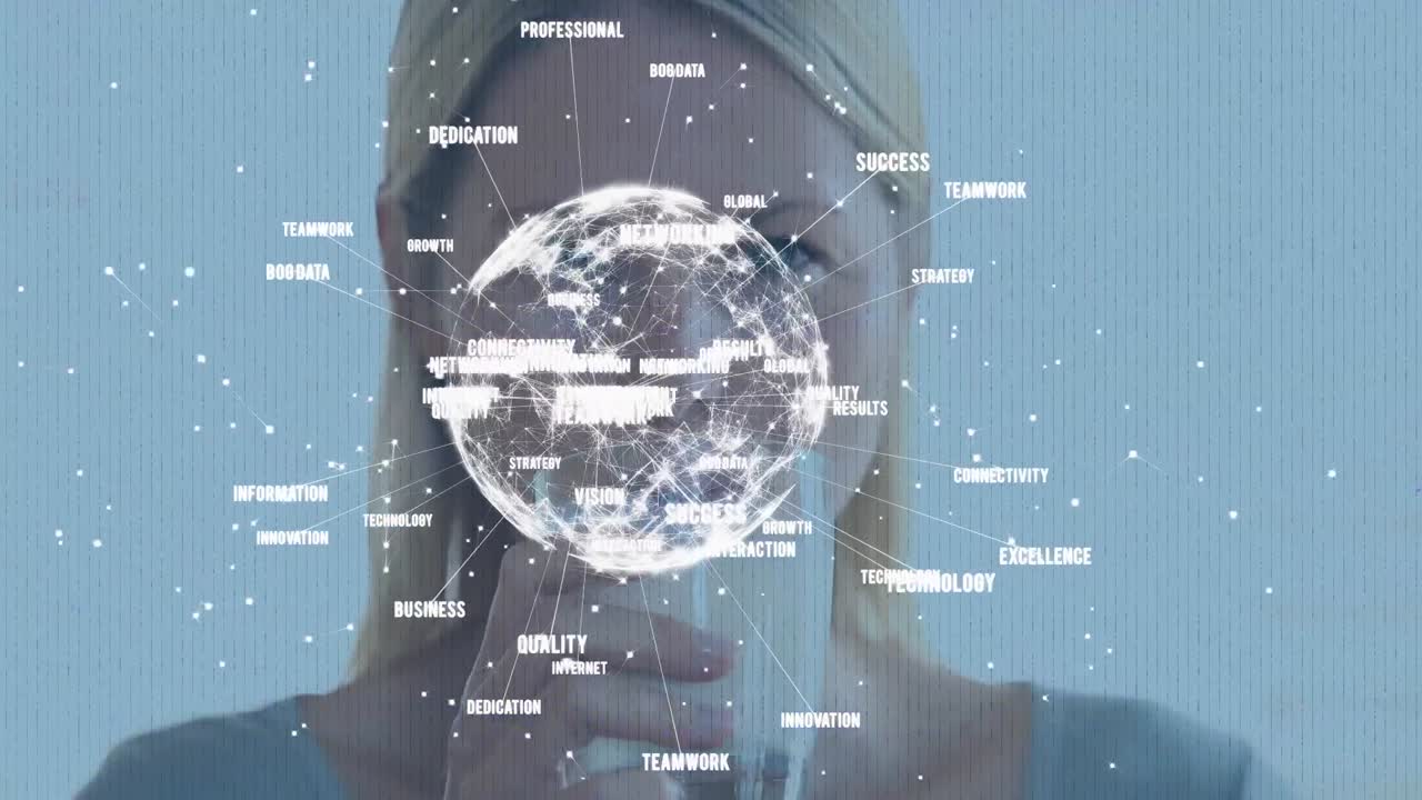 Animation of globe with data processing over woman's face