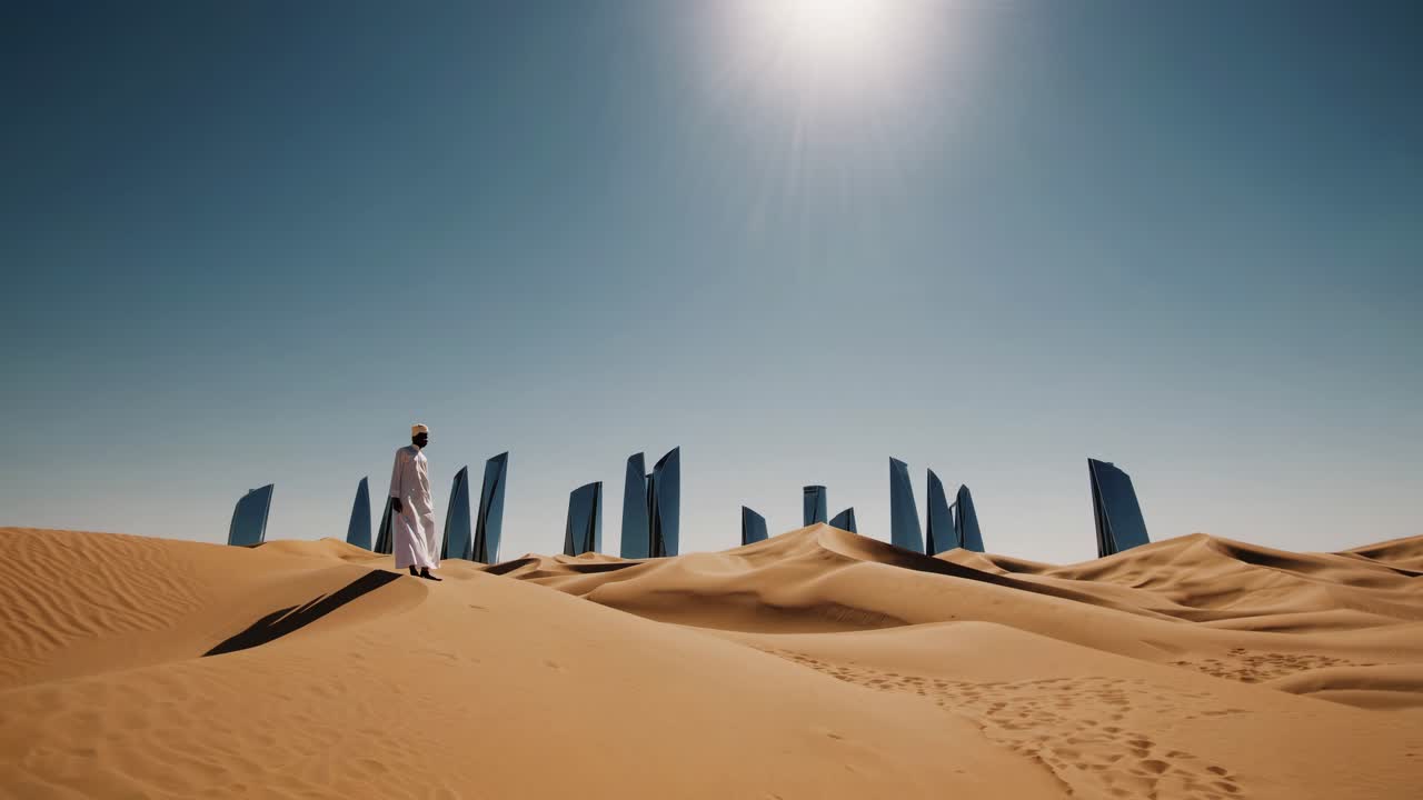 Emirati man in traditional white clothing walking through the desert, surrounded by futuristic mirrored buildings reflecting sunlight and blue sky in Liwa, Abu Dhabi, UAE