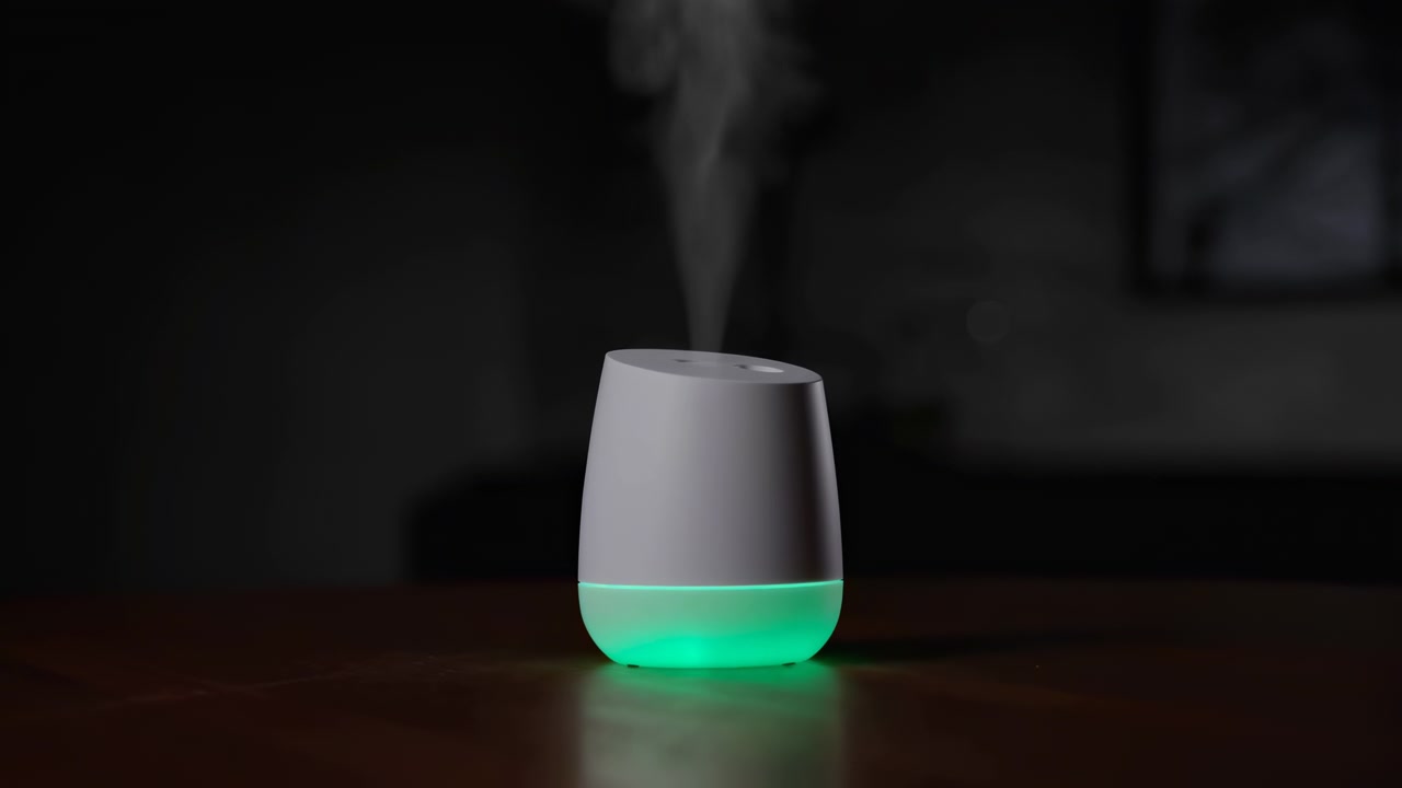 Compact white aroma diffuser sits centered on dark tabletop, releasing steady mist while reservoir glows with shifting blue, green, pink, and purple light in softly blurred indoor setting