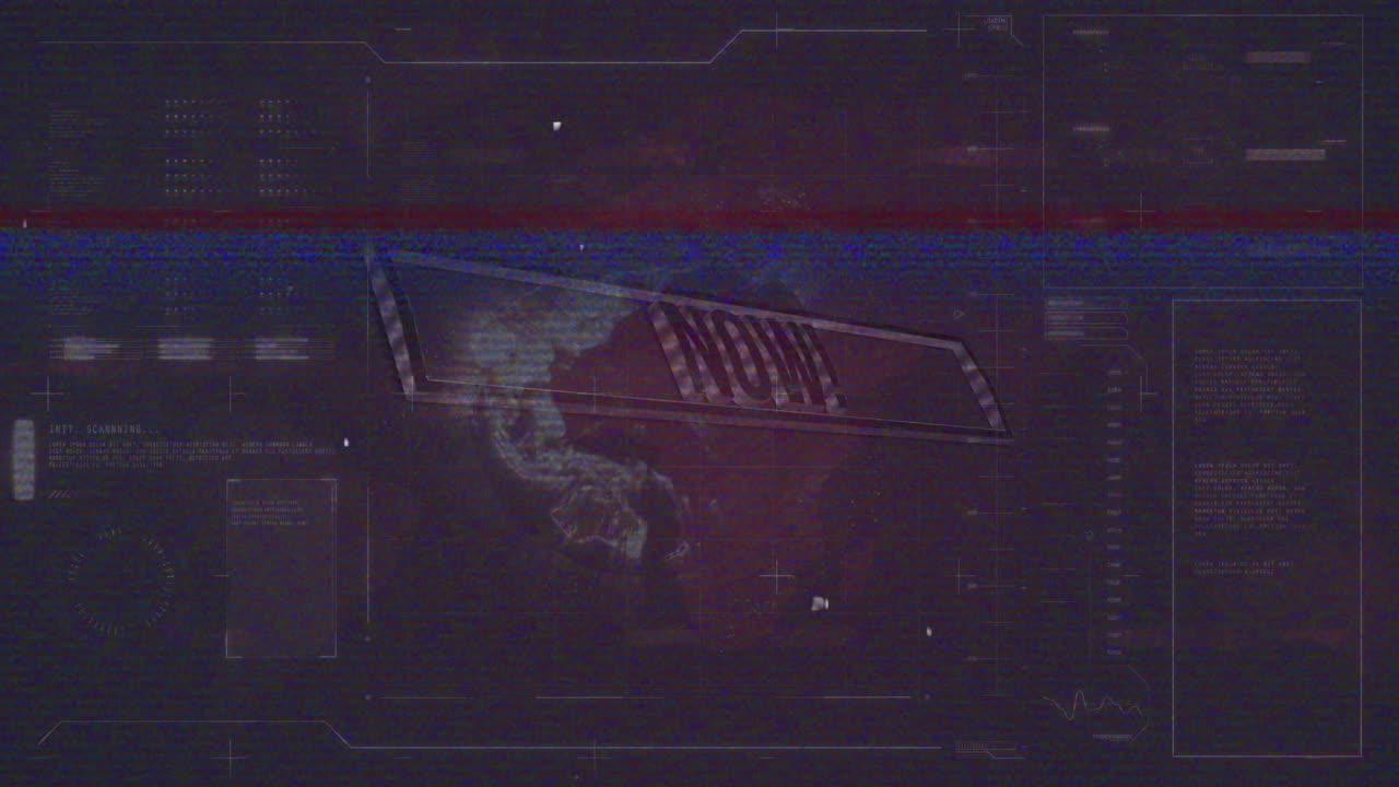 Animation of futuristic digital interface with NOW text over abstract background