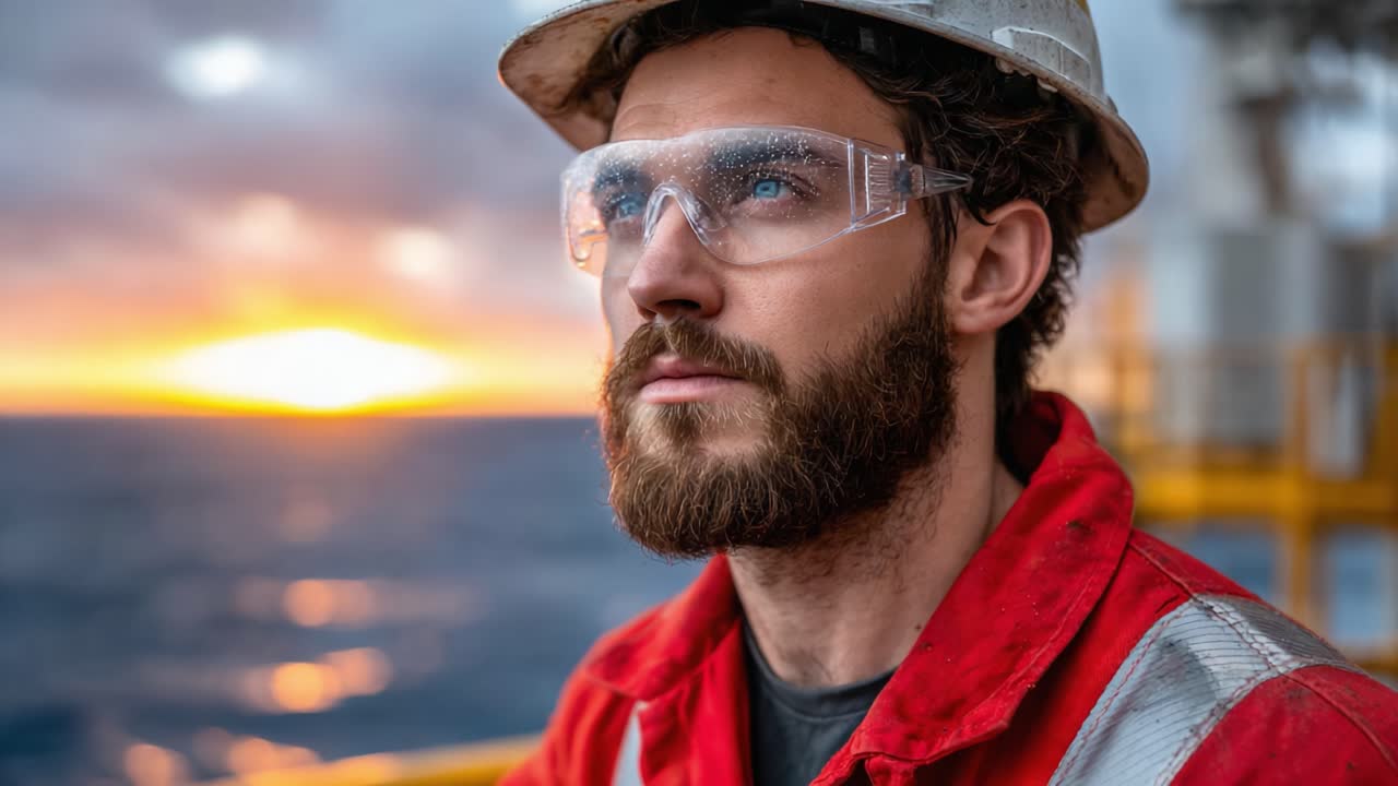 A Contemplative Worker Gazes at the Horizon During Sunset on an Offshore Platform, Reflecting on a Day of Labor and the Beauty of Nature Surrounding Him