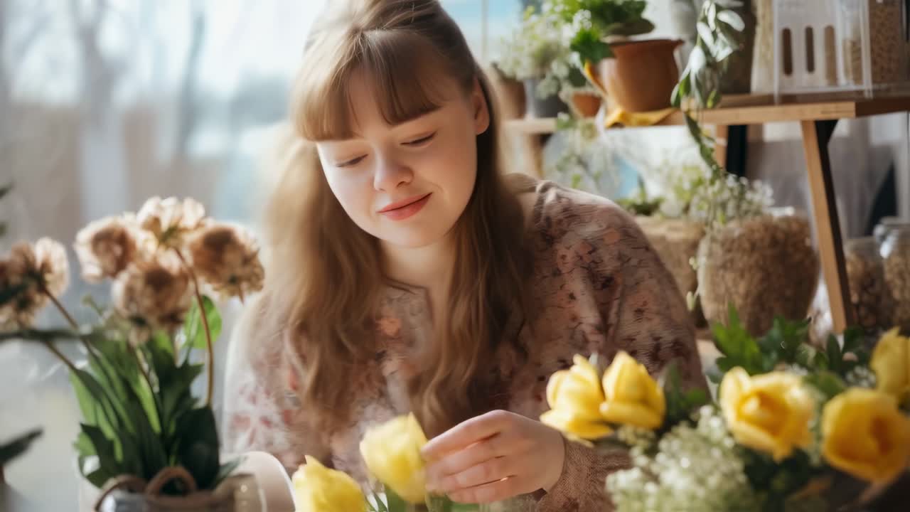 Young florist arranging a bouquet of yellow tulips in her flower shop, surrounded by various plants and flowers, enjoying her work with a smile