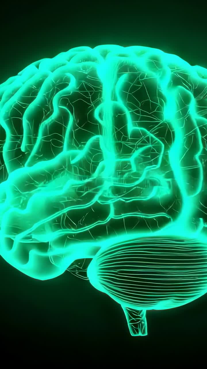 Vertical video: Appearing neon wireframe brain rotating left to right in dark void, revealing folds