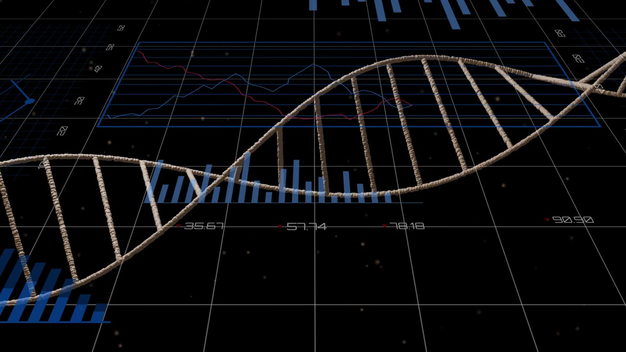 Elica 3D che entra da sinistra, si sposta a destra e ruota, rivelando grafici blu e visualizzando dati