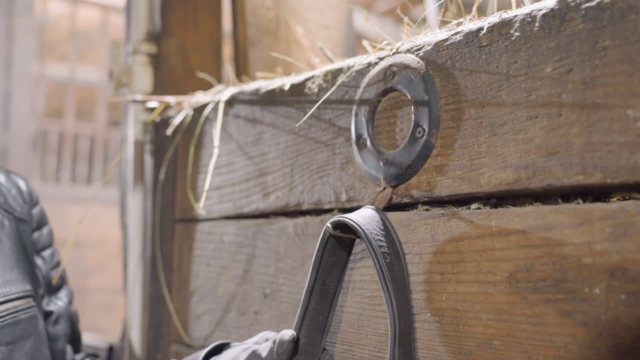 Closeup weathered wood and metal ring, leather strap being threaded through ring with subtle hand movement, soft sunlight and dust motes, tactile grain and patina, vintage barn workshop atmosphere