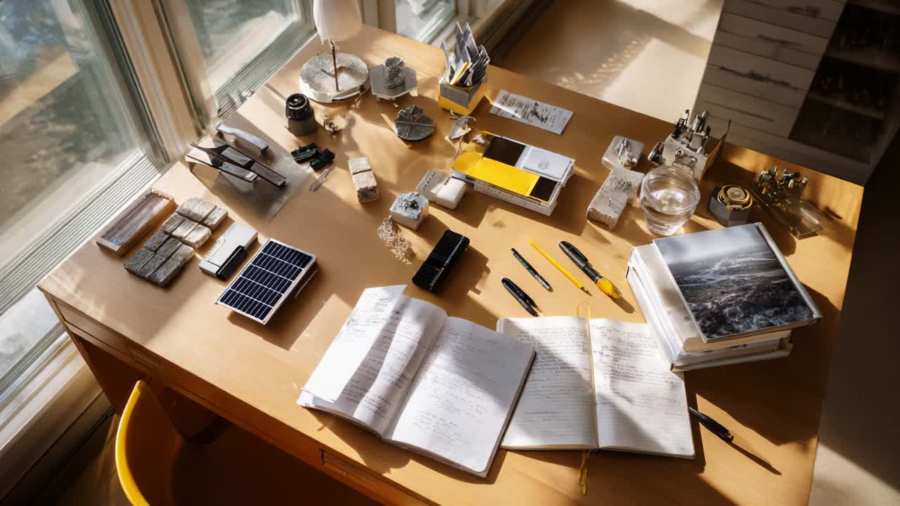 A well-organized workspace with various items including notebooks, writing tools, scientific instruments, and publications, showcasing creativity and productivity in a bright and inspiring environment