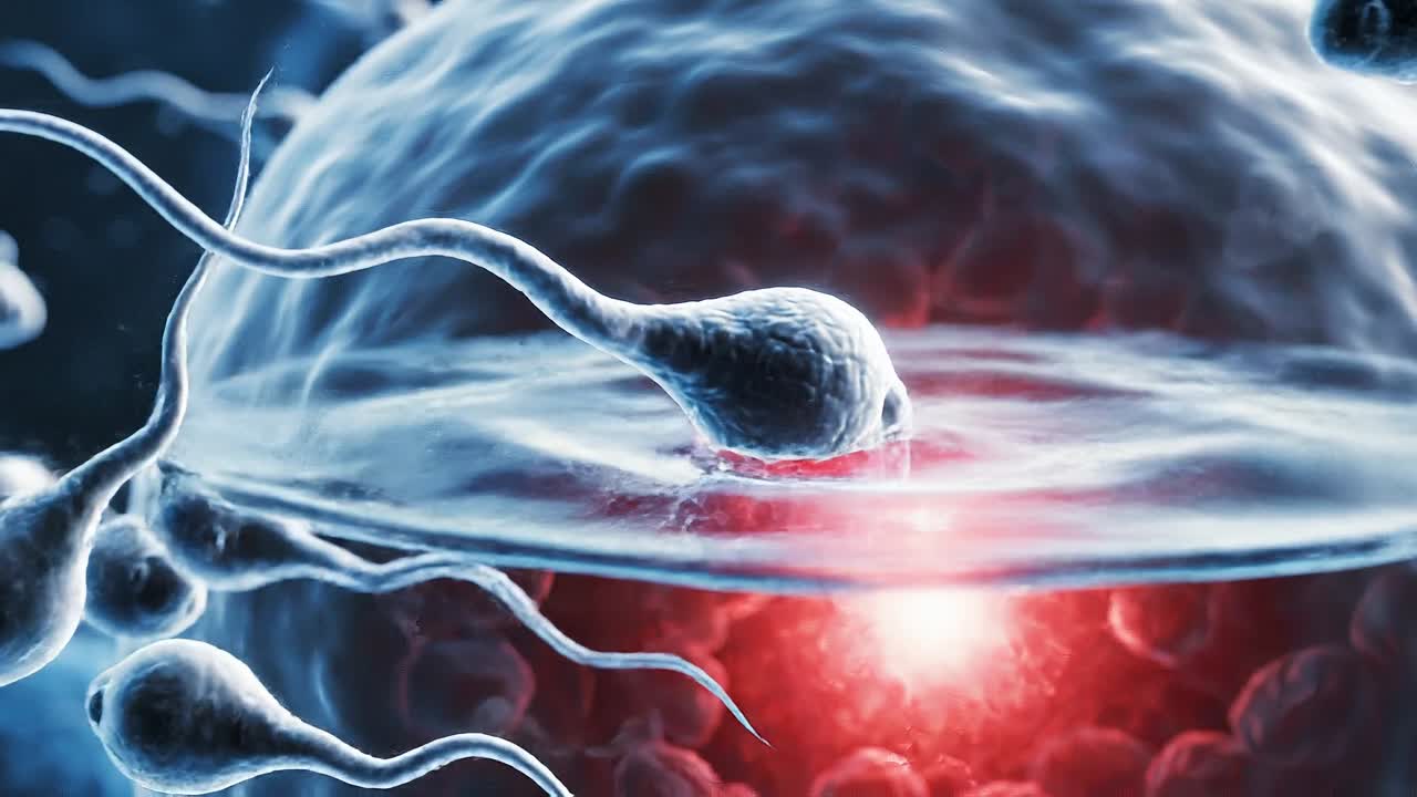 Microscopic fertilization scene with sperm surrounding ovum highlighting conception moment and cellular interaction in biology