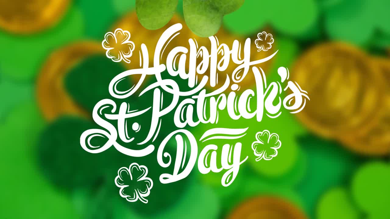 Animation of happy st patrick's day text with clover leaves and gold coins on green background
