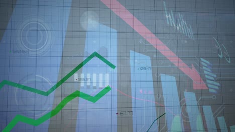 animación de flecha roja, gráficos y gráficos de procesamiento de datos sobre fondo gris