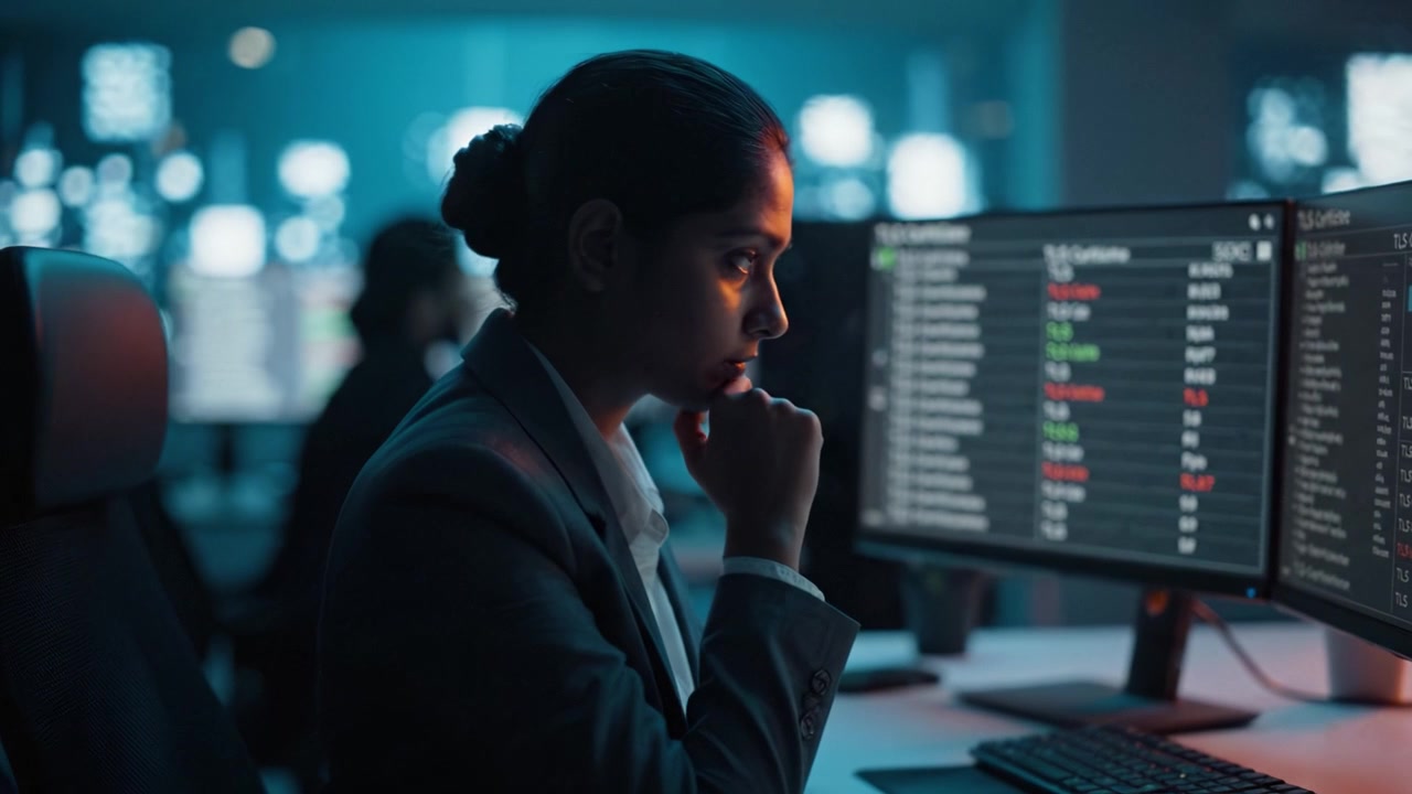 Focused professional analyzing data on dual computer screens in a dimly lit environment, highlighting attention and concentration in a modern workspace.