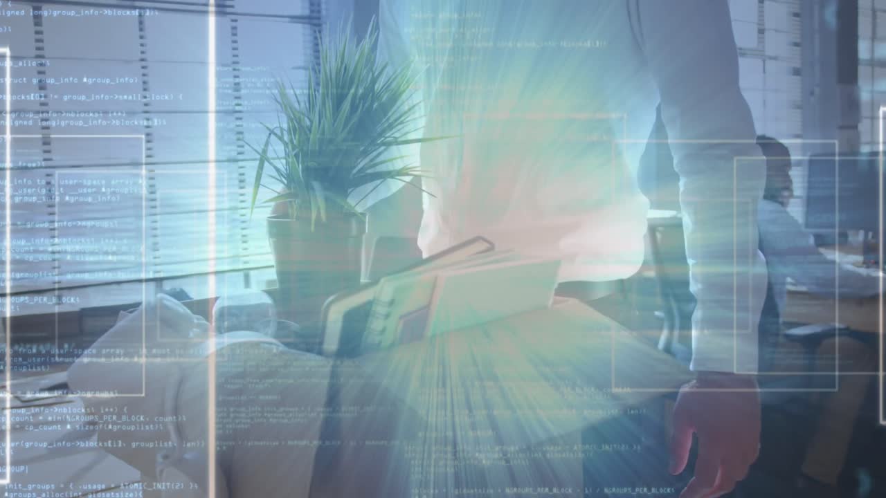 사무실에서 카카시안 사업가의 중간 부분에 대한 데이터 처리 애니메이션