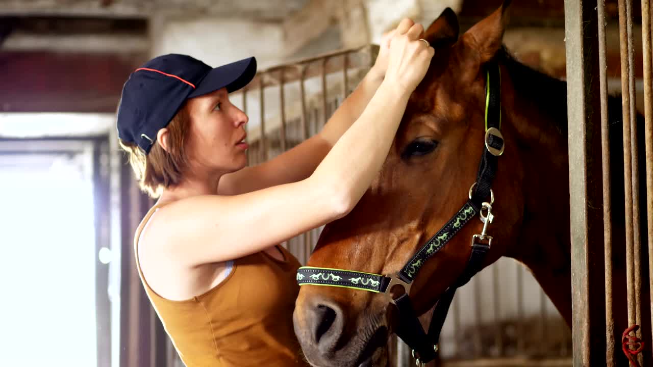 una muchacha cuidando a un caballo y haciendo trenzas de melena. en un establo la muchacha se ocupa del caballo marrón