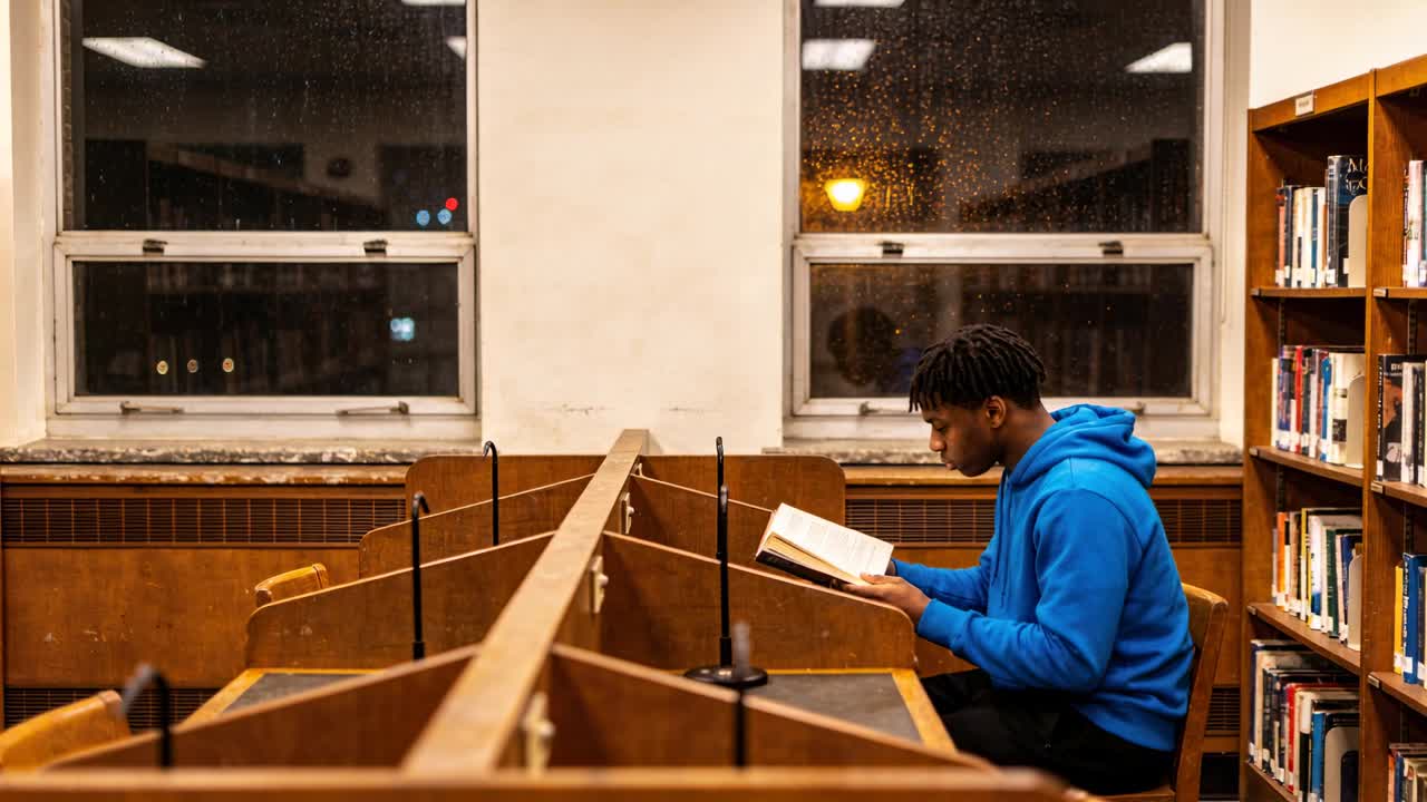 Studying man in blue hoodie turning pages at library carrel with open book, copy space