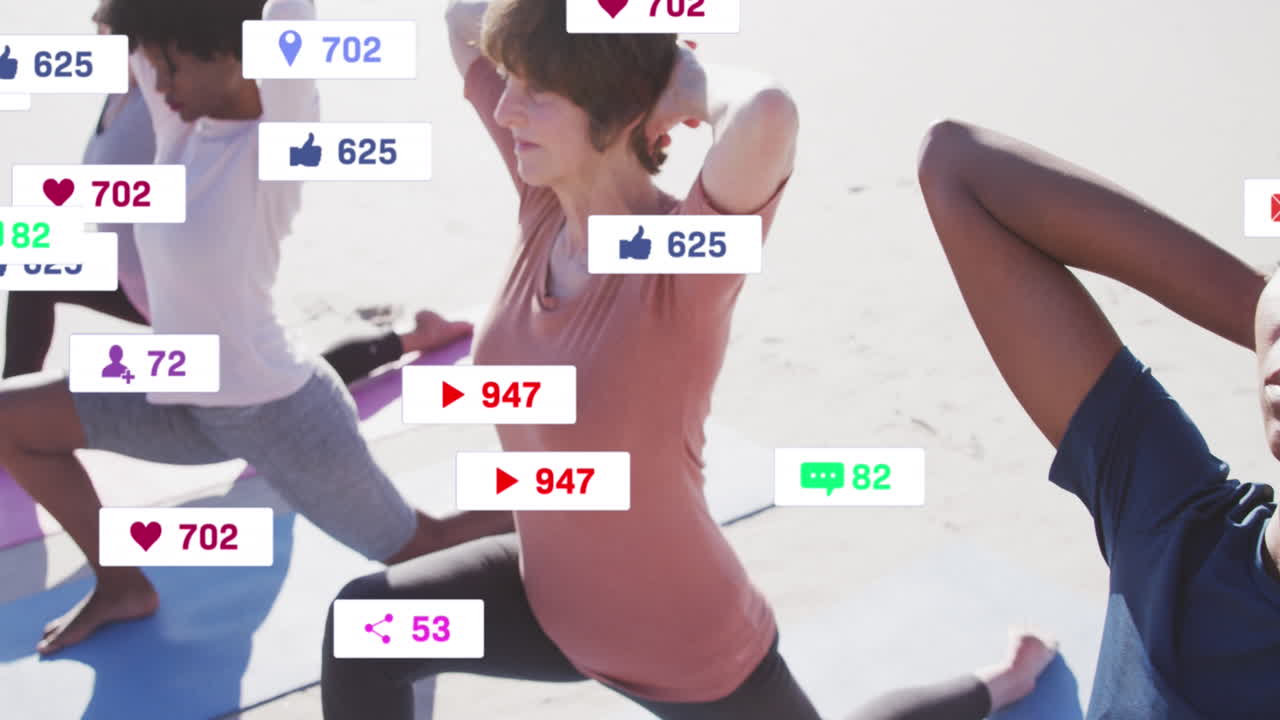 해변에서 운동하는 다양한 여성에 대한 소셜 미디어 데이터 처리의 애니메이션