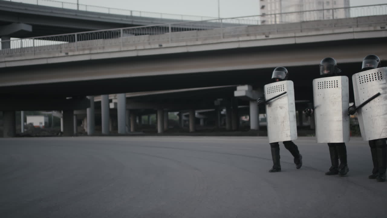 Riot police formation with shields and batons