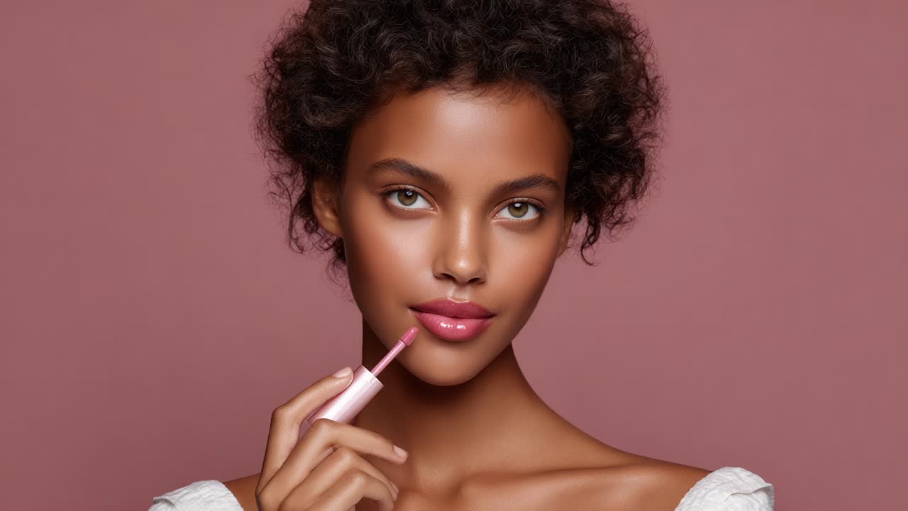 Captivating Beauty Portrait: A Close-Up of a Radiant Model Applying Glossy Lip Color Against a Soft Pink Background for a Flawless Makeup Look