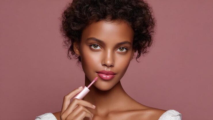 Fesselndes Beauty-Porträt: Eine Nahaufnahme eines strahlenden Modells, das glänzende Lippenfarbe vor einem zarten rosa Hintergrund aufträgt, für einen makellosen Make-up-Look