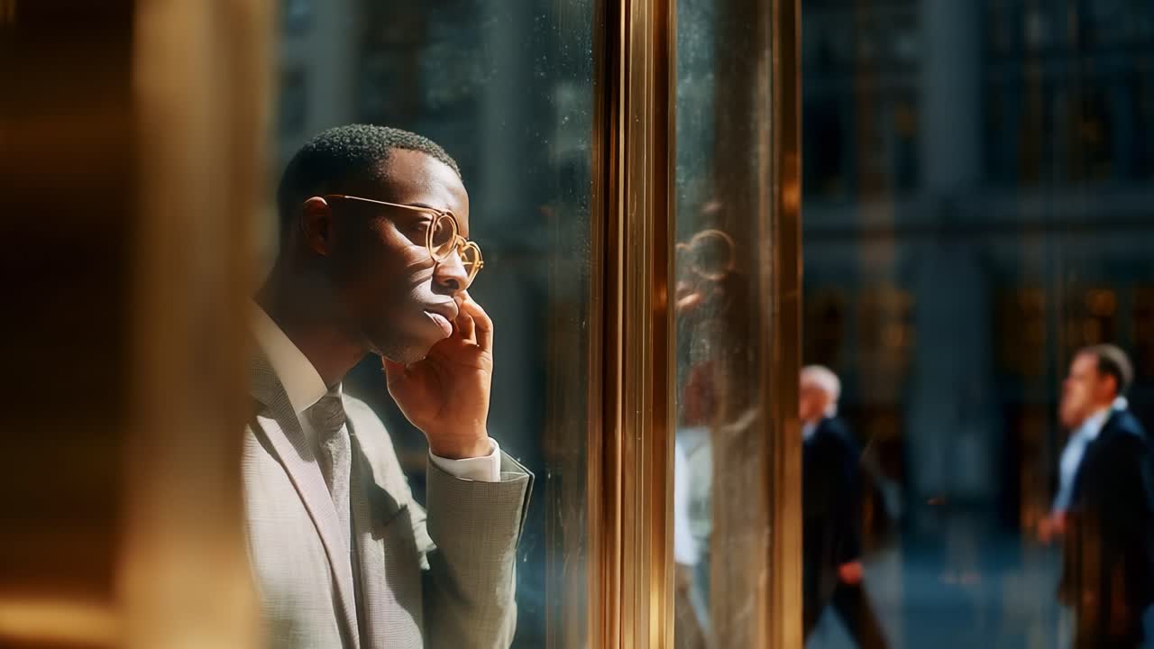 En eftertænksom professionel fordybet i kommunikation: En ung mand i formelt tøj er engageret i en seriøs telefonsamtale, mens han betragter omgivelserne uden for et reflekterende glasvindue