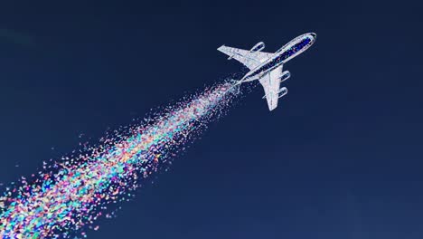 airplane with colorful particle trail in the sky