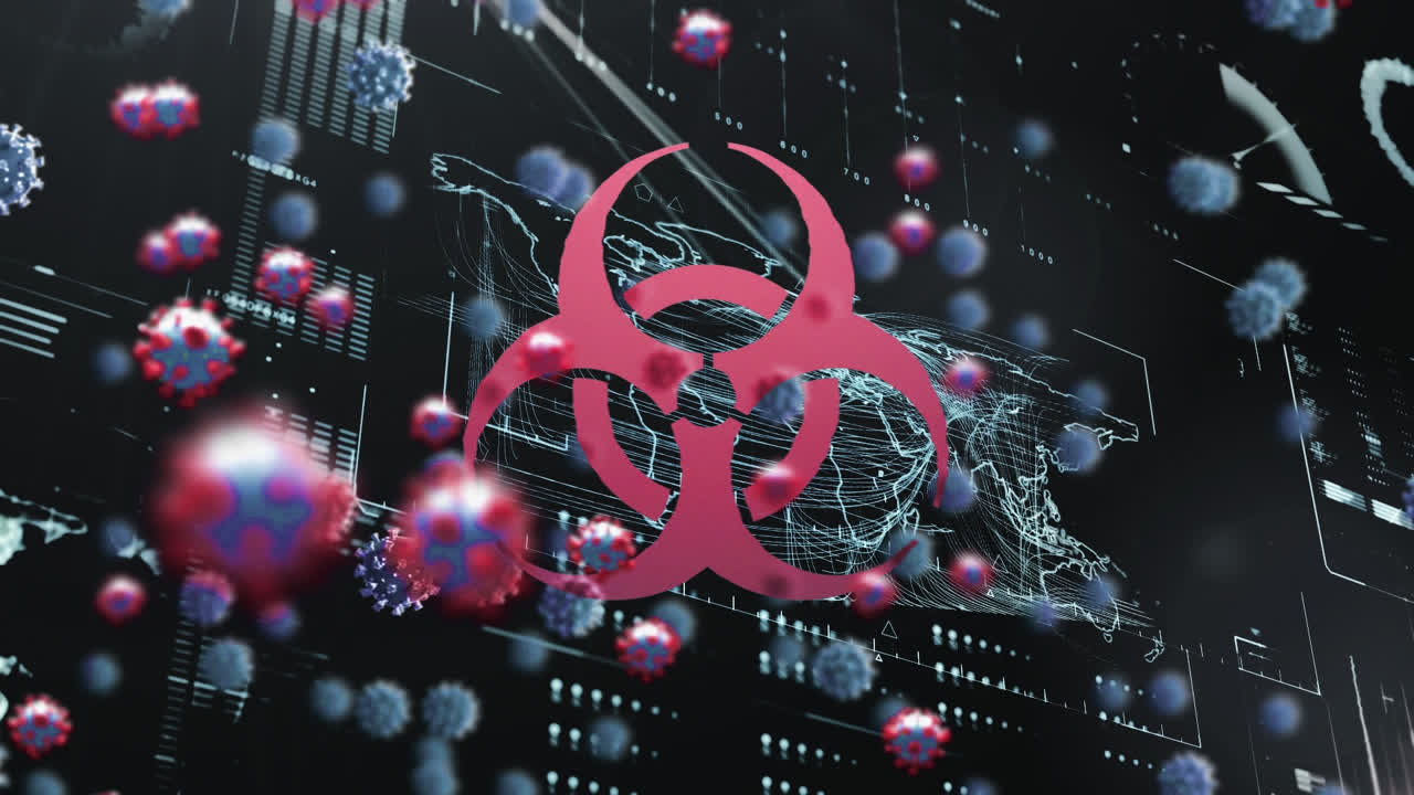 símbolo de peligro biológico y múltiples células de covid-19 flotando sobre la interfaz digital con procesamiento de datos