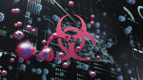 biohazard symbol and multiple covid-19 cells floating over digital interface with data processing