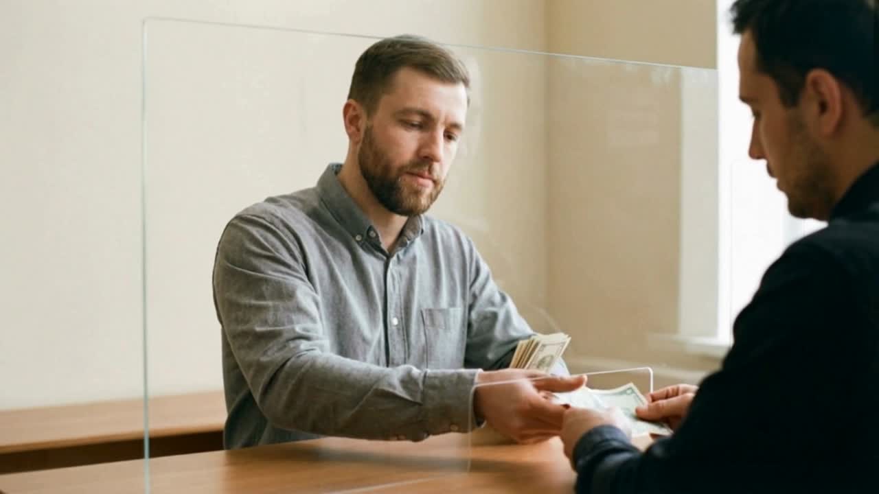 Man Counting and Exchanging Money Through Protective Screen