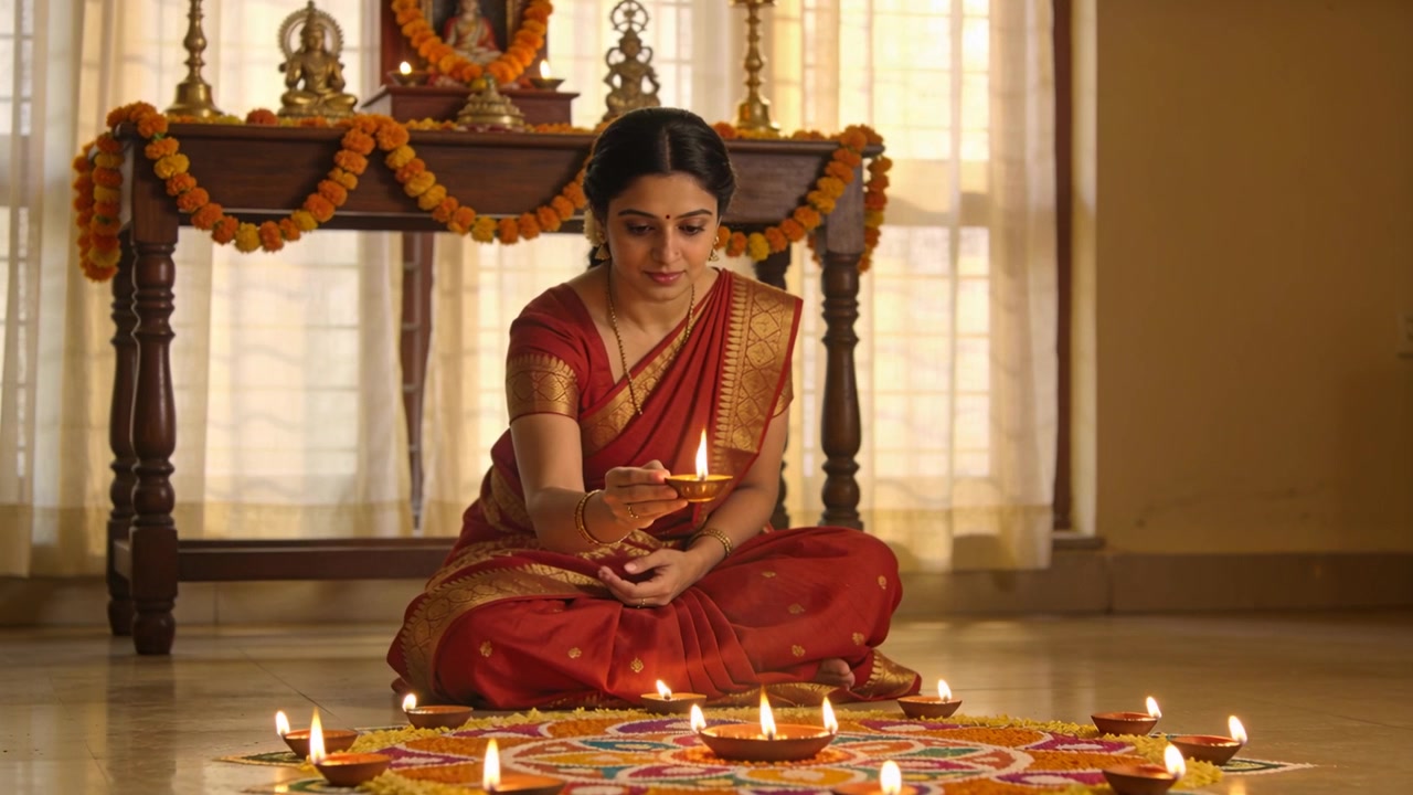 Donna in sari rosso che tiene in mano una diya accesa, accendendo diya attorno a un rangoli per la preghiera a casa.