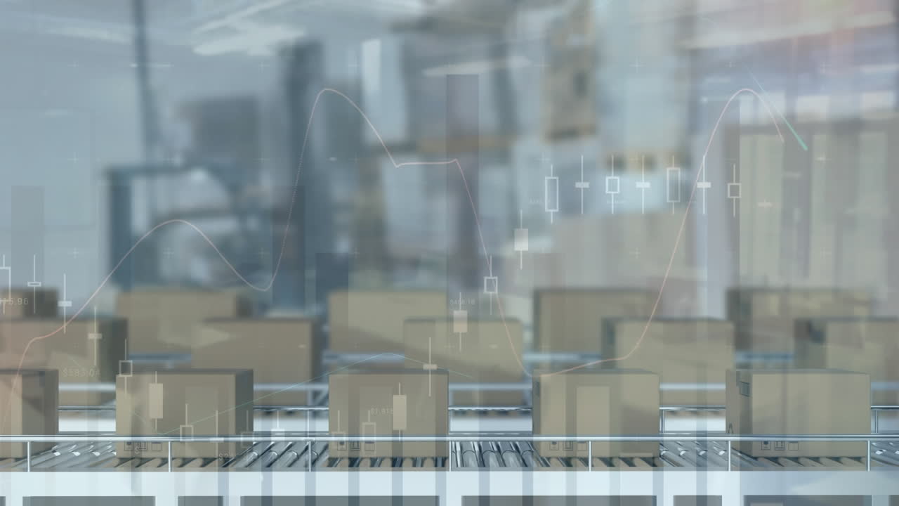 Statistical data processing over multiple delivery boxes on conveyor belt against warehouse