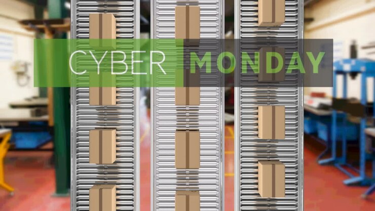 Animation of cyber monday text over cardboard boxes on conveyor belts