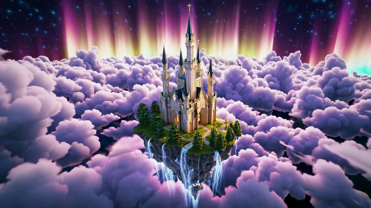 Aerial view of a magical castle on a floating island, surrounded by clouds and aurora