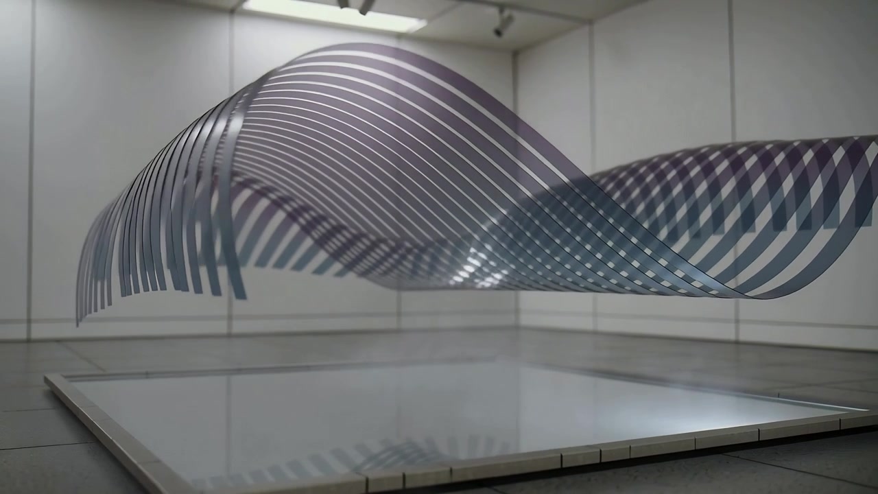 Undulating suspended slats twisting and casting striped reflections on recessed basin in gallery
