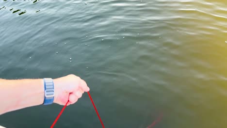 pulling crab trap from water, successful catch