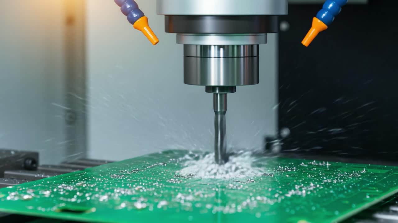High-Precision CNC Milling Process: Detailed View of a PCB Being Machined with a Cutting Tool for Electronic Component Fabrication