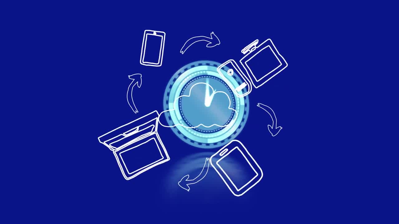 Animation of arrows and application icons around digital clock against blue background