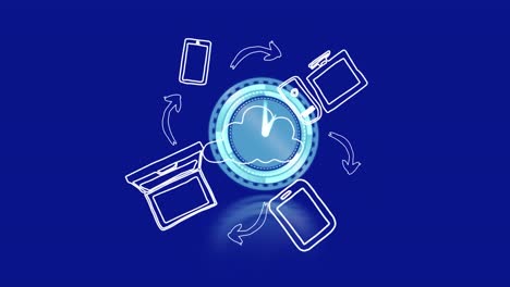 Animación-De-Flechas-E-Iconos-De-Aplicaciones-Alrededor-Del-Reloj-Digital-Sobre-Fondo-Azul.