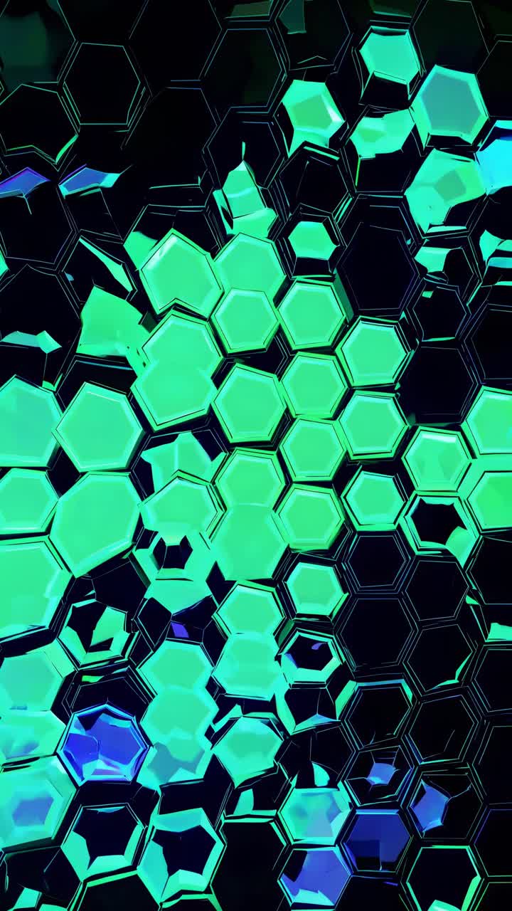 Dynamic hexagonal pattern transformation with vibrant green and blue colors in motion sequence