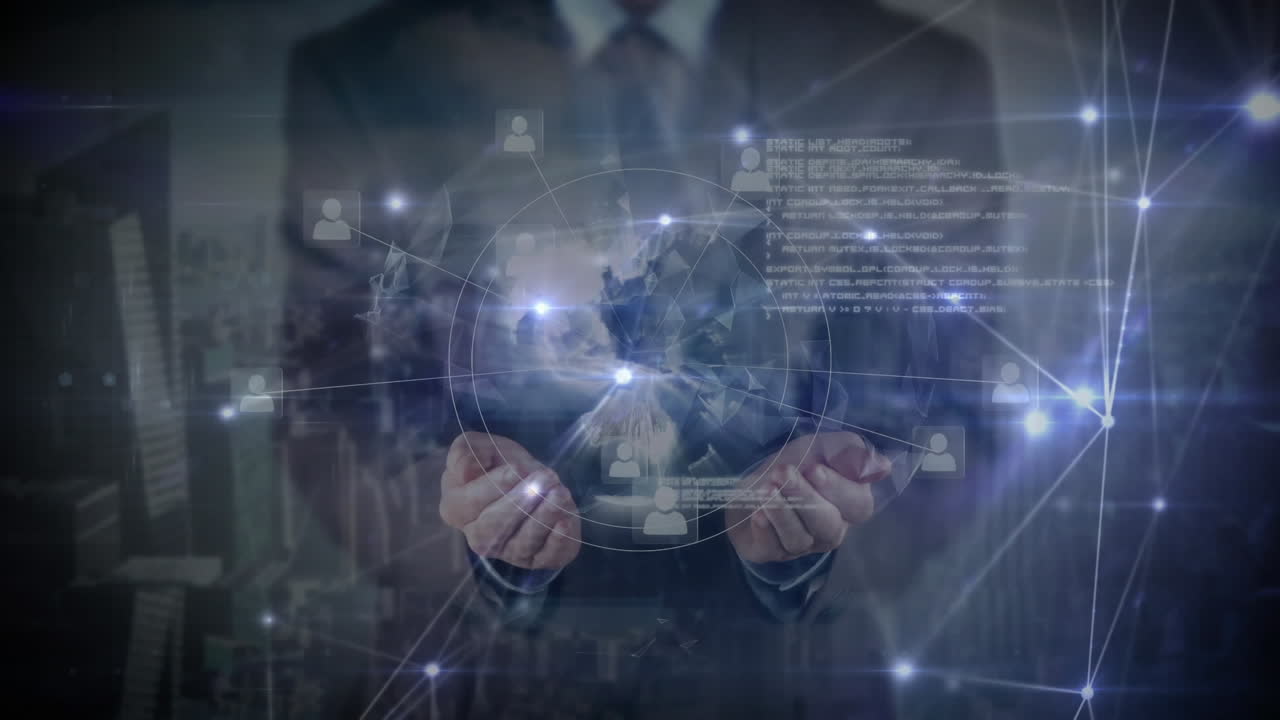 사무실 의 배경 에 도시 전망 을 가진 회전 하는 지구 를 들고 있는 사업가