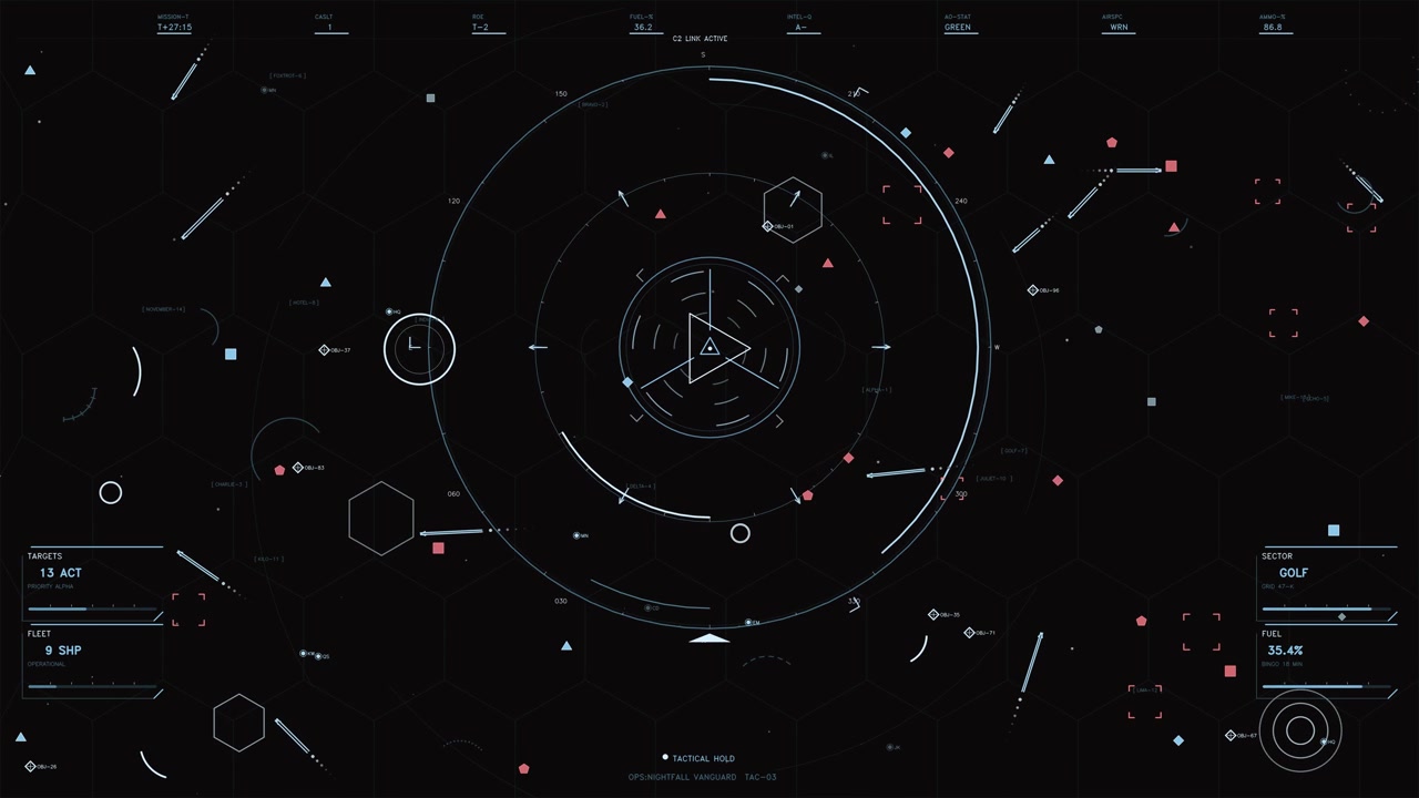 This futuristic tactical HUD interface features a complex array of data visualizations including radar telemetry, fleet status, and mission critical readouts. The design incorporates rotating geometri