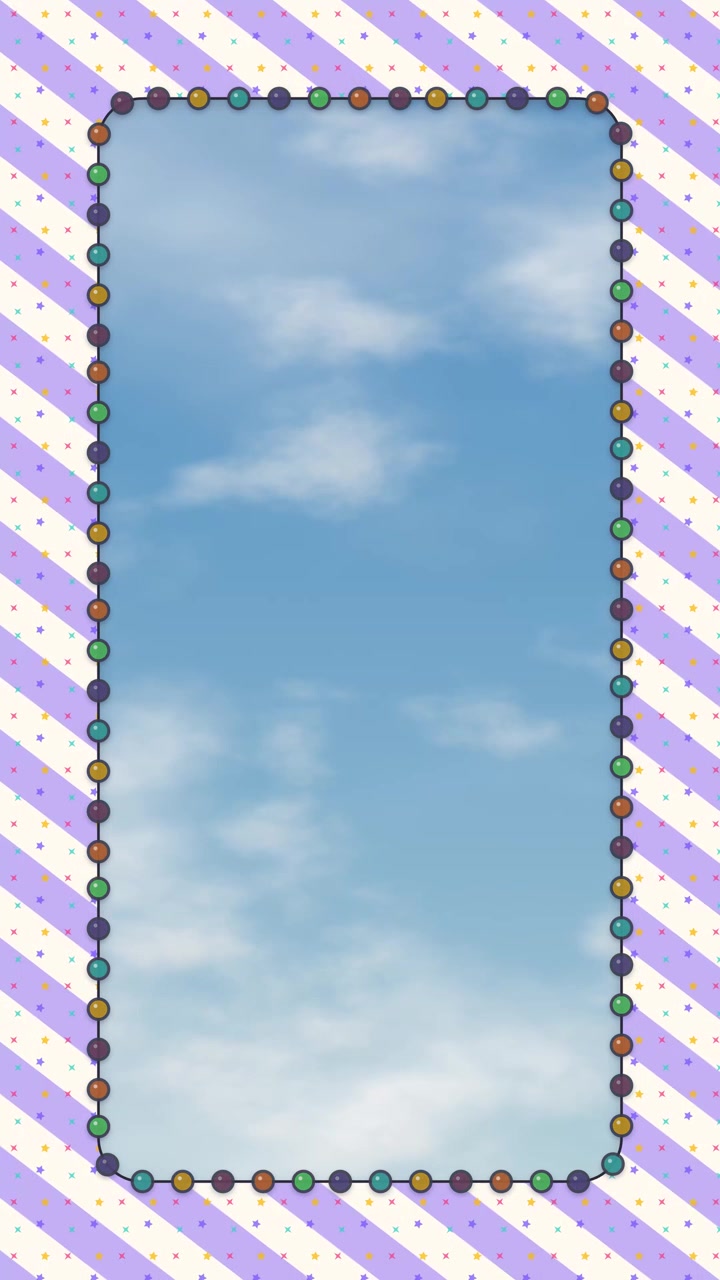 Flashing colorful circus carnival light bulbs frame moving clouds on blue sky background.